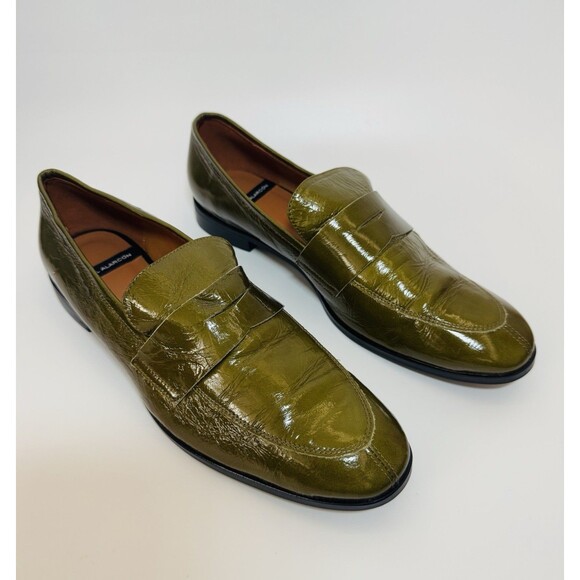 Angel Alarcon Patent Leather Square-Toe Flats moccasins OLIVE  Size 41/10 - Picture 1 of 15